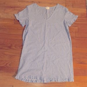 Everly striped dress, blue & white, ruffle detail on the sleeves and bottom